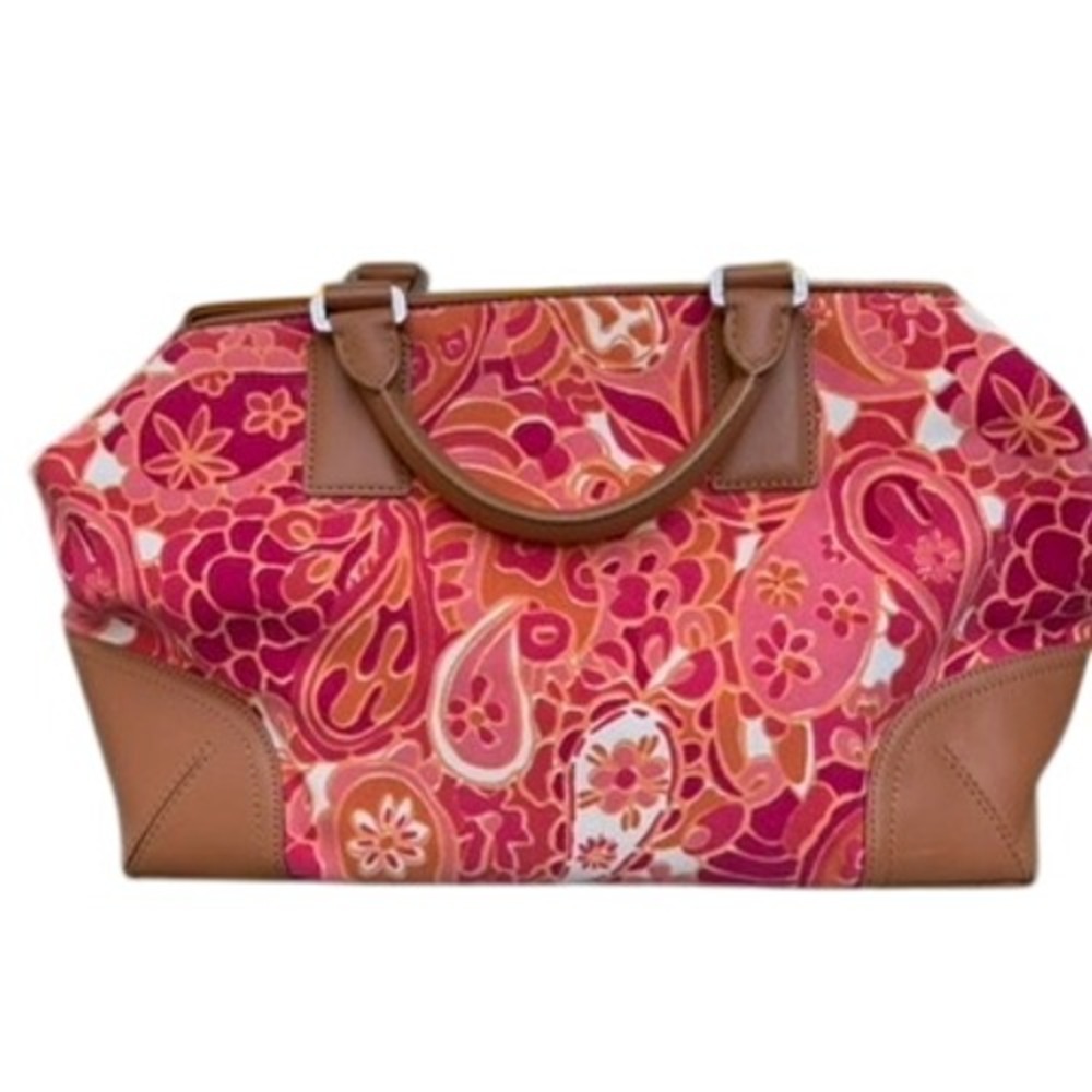 Ann Taylor Womens Satchel Bag Pink Orange Paisley Canvas Magnetic Closure Boho
